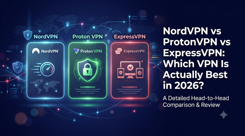 NordVPN, Proton VPN, and ExpressVPN comparison graphic for a 2026 VPN review.