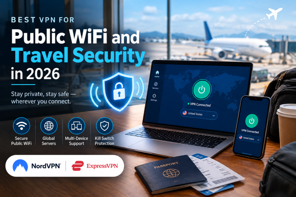 Traveler using public WiFi on a laptop at an airport lounge with VPN security in mind.