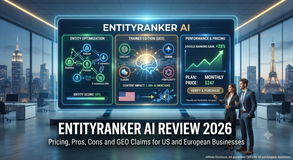 EntityRanker AI review showing SEO software pricing and GEO features for US and European businesses.