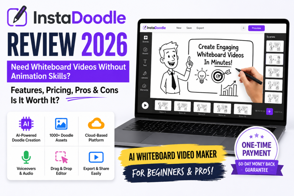 InstaDoodle review 2026 featuring a whiteboard animation video editor on a laptop