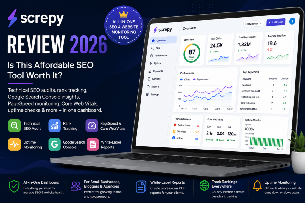 Screpy SEO dashboard showing website rankings, technical SEO issues, keyword tracking, Core Web Vitals, and website performance monitoring.